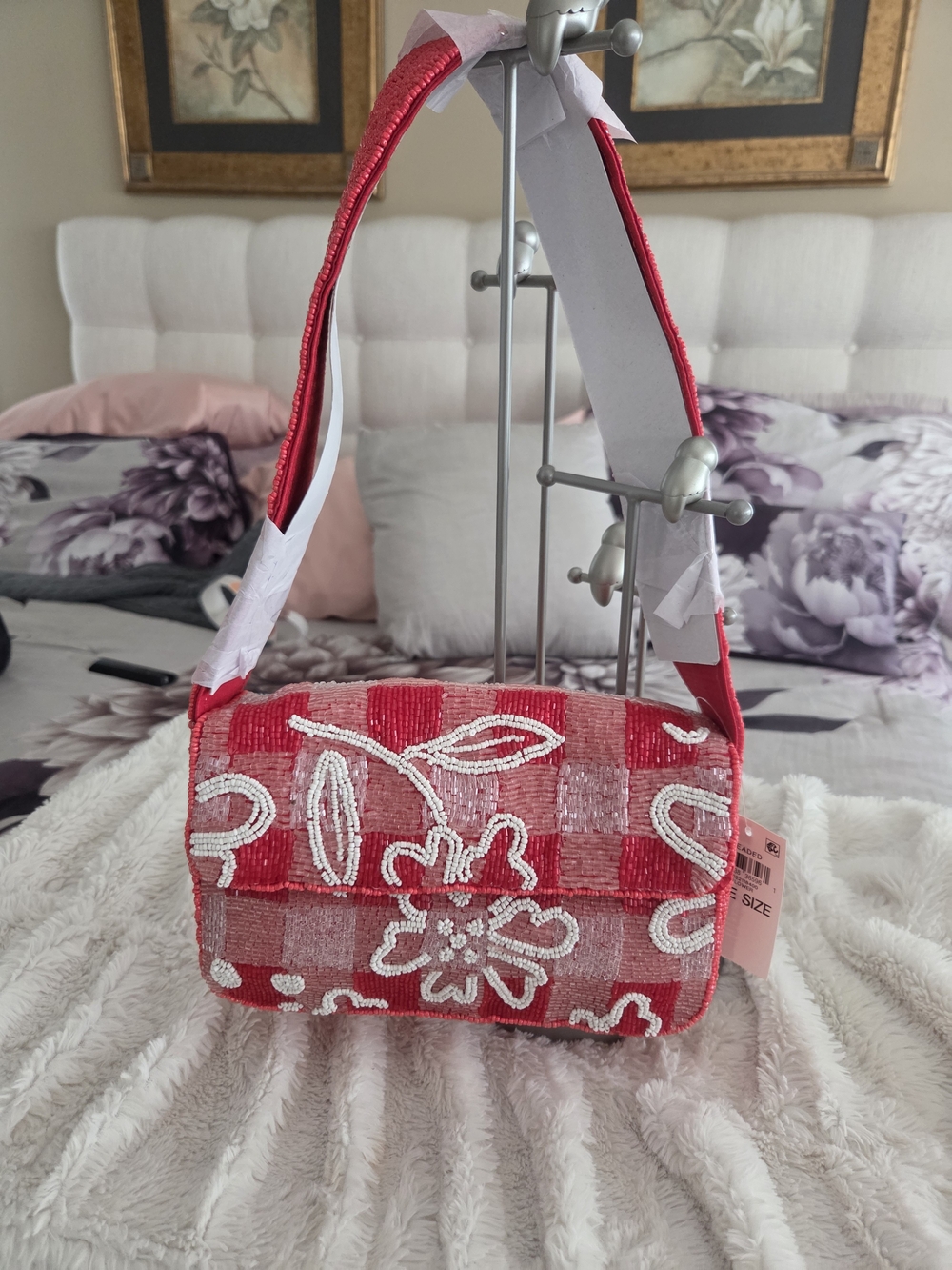 Red Floral Beaded Shoulder Bag with Check Detail